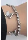 Gümüş Su Yolu Ayarlanabilir Sallantılı Zirkon Taşlı Kelebek Tasarım Çelik Bileklik Kararmaz