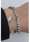 Gümüş Su Yolu Ayarlanabilir Sallantılı Zirkon Taşlı Kelebek Tasarım Çelik Bileklik Kararmaz