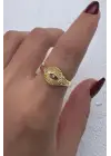Vintage Tasarım Zirkon Taşlı Oval Göz Motifli Ayarlanabilir Serçe Parmak Kadın Çelik Yüzük