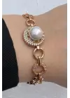 Rose Gold İnci Detaylı Zirkon Taşlı Halka Zincir Kadın Çelik Bileklik Kararmaz Renk Atmaz