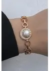 Rose Gold İnci Detaylı Zirkon Taşlı Halka Zincir Kadın Çelik Bileklik Kararmaz Renk Atmaz
