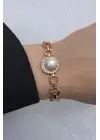 Rose Gold İnci Detaylı Zirkon Taşlı Halka Zincir Kadın Çelik Bileklik Kararmaz Renk Atmaz