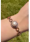 Rose Gold İnci Detaylı Zirkon Taşlı Halka Zincir Kadın Çelik Bileklik Kararmaz Renk Atmaz