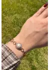 Rose Gold İnci Detaylı Zirkon Taşlı Halka Zincir Kadın Çelik Bileklik Kararmaz Renk Atmaz