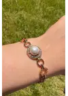 Rose Gold İnci Detaylı Zirkon Taşlı Halka Zincir Kadın Çelik Bileklik Kararmaz Renk Atmaz