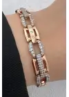 Rose Gold Geometrik Link Zirkon Taşlı Kadın Çelik Bileklik Kararmaz Renk Atmaz