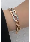 Rose Gold Geometrik Link Zirkon Taşlı Kadın Çelik Bileklik Kararmaz Renk Atmaz