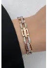 Rose Gold Geometrik Link Zirkon Taşlı Kadın Çelik Bileklik Kararmaz Renk Atmaz