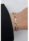 Rose Gold Geometrik Link Zirkon Taşlı Kadın Çelik Bileklik Kararmaz Renk Atmaz