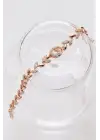 Rose Gold Yaprak Motifli Zirkon Taşlı Kadın Çelik Bileklik Kararmaz Renk Atmaz