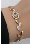 Rose Gold Yaprak Motifli Zirkon Taşlı Kadın Çelik Bileklik Kararmaz Renk Atmaz
