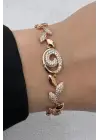 Rose Gold Yaprak Motifli Zirkon Taşlı Kadın Çelik Bileklik Kararmaz Renk Atmaz