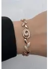 Rose Gold Yaprak Motifli Zirkon Taşlı Kadın Çelik Bileklik Kararmaz Renk Atmaz