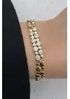 Gold Renk Boncuk Zincir Zirkon Taşlı Kadın Çelik Bileklik Kararmaz Renk Atmaz