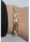Gold Renk Vintage Greek Desenli Baget Taşlı Kadın Çelik Bileklik Kararmaz Renk Atmaz
