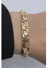 Gold Renk Vintage Greek Desenli Baget Taşlı Kadın Çelik Bileklik Kararmaz Renk Atmaz