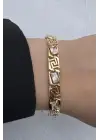 Gold Renk Vintage Greek Desenli Baget Taşlı Kadın Çelik Bileklik Kararmaz Renk Atmaz