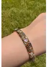 Gold Renk Vintage Greek Desenli Baget Taşlı Kadın Çelik Bileklik Kararmaz Renk Atmaz