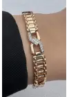 Rose Gold Z Form Detaylı Zirkon Taşlı Kadın Çelik Bileklik Kararmaz Renk Atmaz