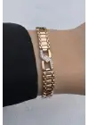 Rose Gold Z Form Detaylı Zirkon Taşlı Kadın Çelik Bileklik Kararmaz Renk Atmaz