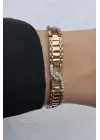 Rose Gold Z Form Detaylı Zirkon Taşlı Kadın Çelik Bileklik Kararmaz Renk Atmaz