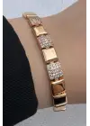 Rose Gold Kare Plaka Detaylı Zirkon Taşlı Kadın Çelik Bileklik Kararmaz Renk Atmaz