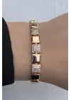 Rose Gold Kare Plaka Detaylı Zirkon Taşlı Kadın Çelik Bileklik Kararmaz Renk Atmaz