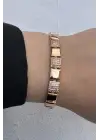 Rose Gold Kare Plaka Detaylı Zirkon Taşlı Kadın Çelik Bileklik Kararmaz Renk Atmaz