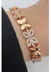 Rose Gold Çiçek Motifli Zirkon Taşlı Kadın Çelik Bileklik Kararmaz Renk Atmaz
