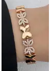 Rose Gold Çiçek Motifli Zirkon Taşlı Kadın Çelik Bileklik Kararmaz Renk Atmaz