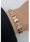 Rose Gold Çiçek Motifli Zirkon Taşlı Kadın Çelik Bileklik Kararmaz Renk Atmaz