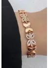 Rose Gold Çiçek Motifli Zirkon Taşlı Kadın Çelik Bileklik Kararmaz Renk Atmaz