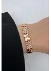 Rose Gold Çiçek Motifli Zirkon Taşlı Kadın Çelik Bileklik Kararmaz Renk Atmaz