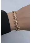 Rose Gold Çivili Spike Zirkon Taşlı Kadın Çelik Bileklik Kararmaz Renk Atmaz