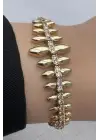 Cm Jewelry Gold Renk Yaprak Form Zirkon Taşlı Kadın Çelik Bileklik Kararmaz Renk Atmaz