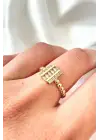 Yeni Sezon Sıralı Dikdörtgen Zirkon Taşlı Boncuk Detaylı Ayarlanabilir Şık Kadın Çelik Yüzük Gold