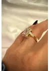 Büyük Baget Zirkon Taşlı Tek Taş Ayarlanabilir Tasarım Kadın Çelik Yüzük Gold Kararmaz Renk Atmaz