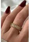 Yeni Sezon Mekik Model Sıra Zirkon Taşlı Ayarlanabilir Kadın Çelik Yüzük Gold Kararmaz Renk Atmaz