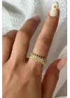 Yeni Sezon Mekik Model Sıra Zirkon Taşlı Ayarlanabilir Kadın Çelik Yüzük Gold Kararmaz Renk Atmaz