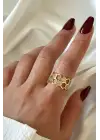 İkili Bal Peteği Tasarım Zirkon Taşlı Ayarlanabilir Kadın Çelik Yüzük Gold Kararmaz Renk Atmaz