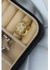 İkili Bal Peteği Tasarım Zirkon Taşlı Ayarlanabilir Kadın Çelik Yüzük Gold Kararmaz Renk Atmaz