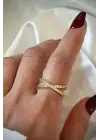 Çapraz Tasarım Zirkon Taşlı Ayarlanabilir Kadın Çelik Yüzük Gold Kararmaz Renk Atmaz
