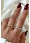 Çapraz Tasarım Zirkon Taşlı Ayarlanabilir Kadın Çelik Yüzük Gold Kararmaz Renk Atmaz