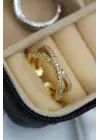 Çapraz Tasarım Zirkon Taşlı Ayarlanabilir Kadın Çelik Yüzük Gold Kararmaz Renk Atmaz