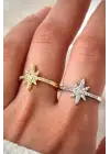Yeni Sezon Yarım Tur Zirkon Taşlı Kutup Yıldızı Tasarım Ayarlanabilir Kadın Çelik Yüzük Gümüş