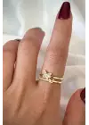 Özel Tasarım Kelebek Model İkili İnce Yarım Tur Zirkon Taşlı Ayarlanabilir Kadın Çelik Yüzük Gold