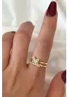 Özel Tasarım Kelebek Model İkili İnce Yarım Tur Zirkon Taşlı Ayarlanabilir Kadın Çelik Yüzük Gold
