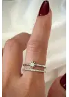 Özel Tasarım Yıldız Model İkili İnce Yarım Tur Zirkon Taşlı Ayarlanabilir Kadın Çelik Yüzük Gümüş