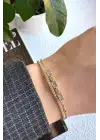 Yeni Sezon Çift Sıra Zincirli Baget Taşlı Su Yolu Garantili Kadın Çelik Bileklik Gold Kararmaz
