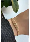 Yeni Sezon Çift Sıra Zincirli Baget Taşlı Su Yolu Garantili Kadın Çelik Bileklik Gold Kararmaz